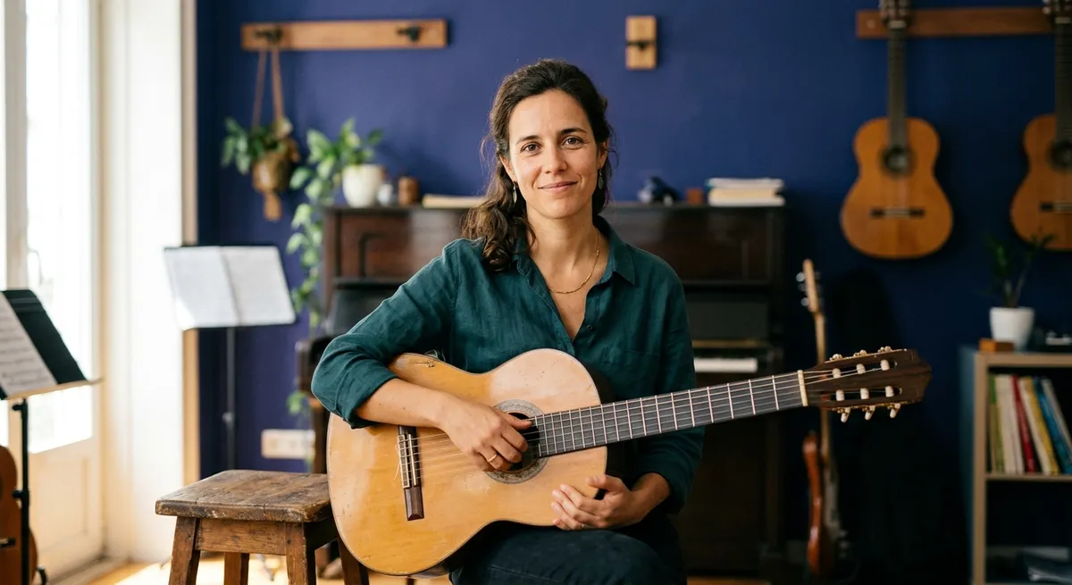 Professora de música com uma guitarra clássica na sala de aulas da academia