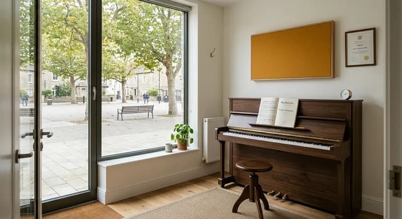 Sala de piano com partitura na estante e uma janela para a praça