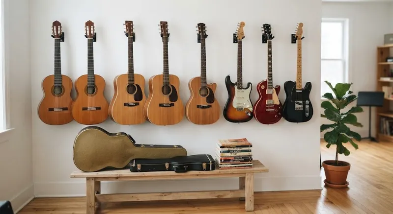 Parede de guitarras clássicas e elétricas prontas para as aulas