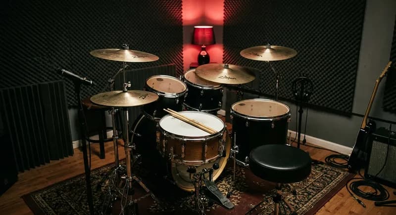 Bateria montada numa pequena sala de ensaio