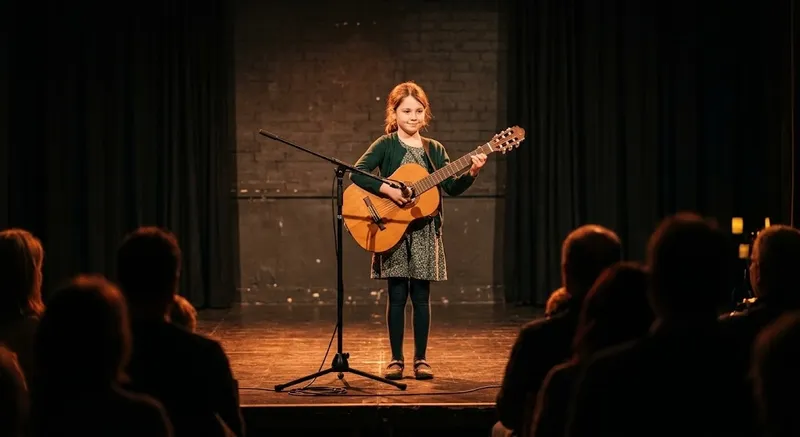 Aluno jovem em palco com uma guitarra no concerto de final de ano