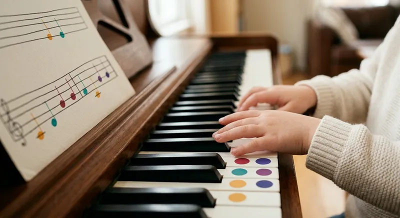 Mãos de criança nas teclas de um piano com autocolantes coloridos e uma partitura com notas de cor ao lado