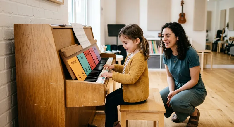 Criança pequena ao teclado do piano com cartões de notas coloridos pousados nas teclas